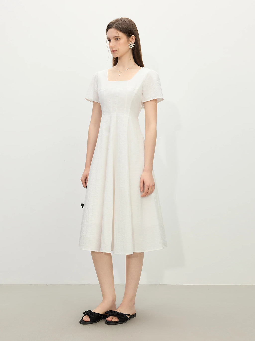 FSLE Gentle Temperament High Waist Short Sleeve Square Collar A-line Dress Female Summer 2025 New Arrival Long Dress 25FS12104