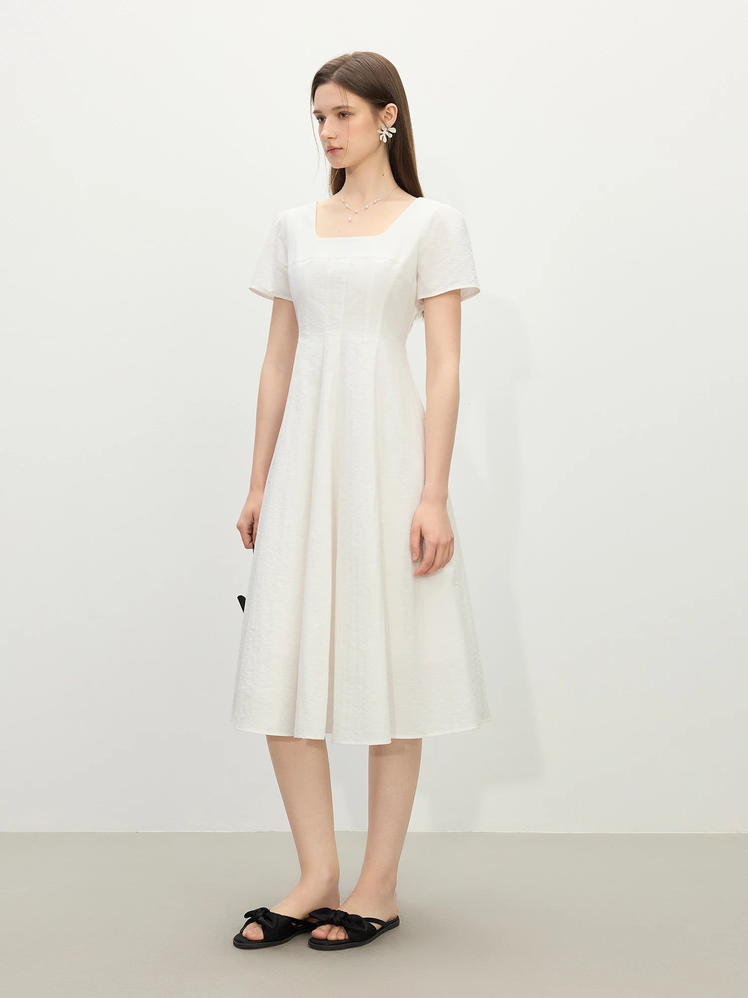FSLE Gentle Temperament High Waist Short Sleeve Square Collar A-line Dress Female Summer 2025 New Arrival Long Dress 25FS12104