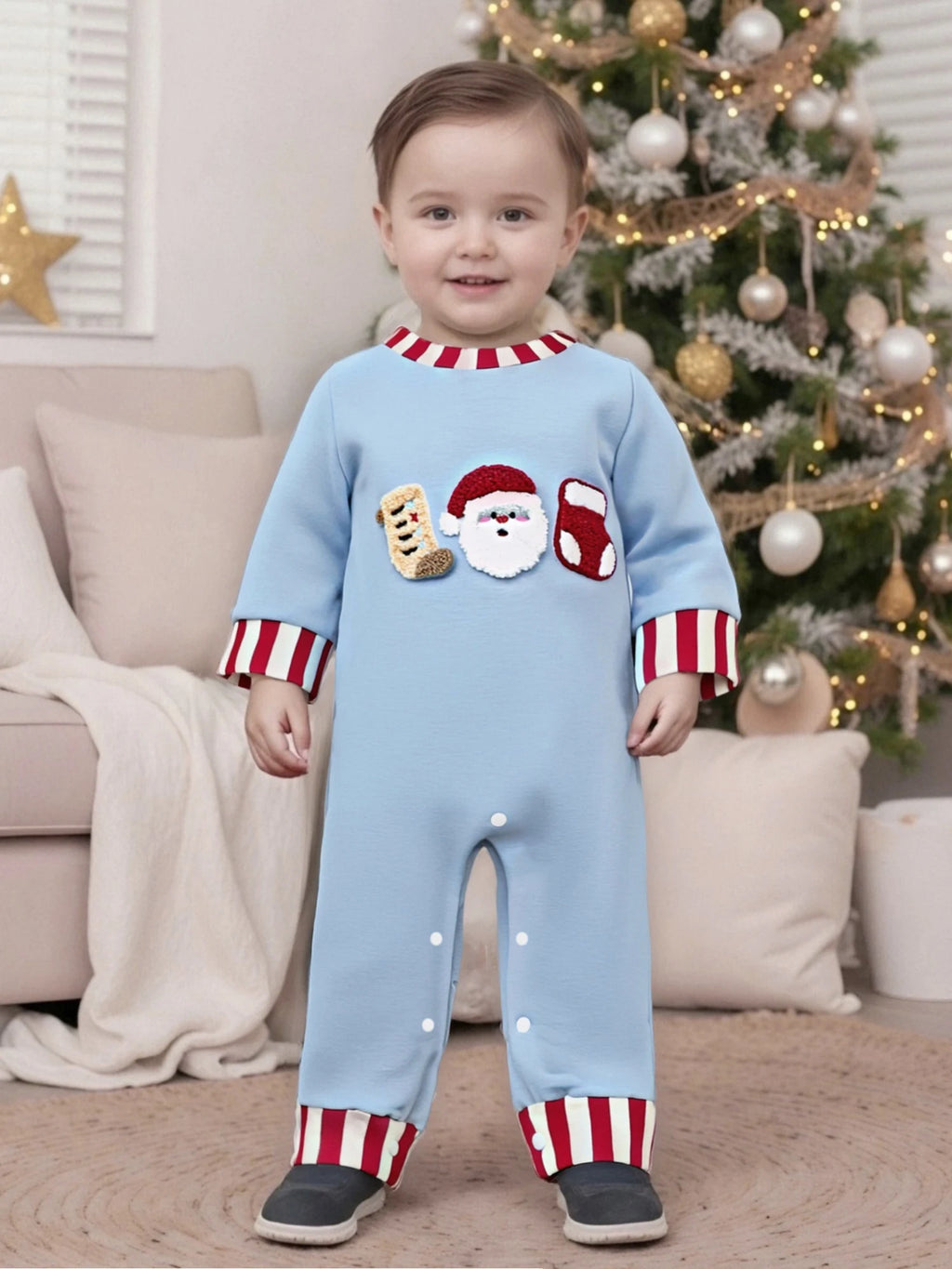 Lioraitiin Newborn Baby Boys Christmas Romper Santa Embroidery Striped Crew Neck Long Sleeve Full Length Jumpsuit