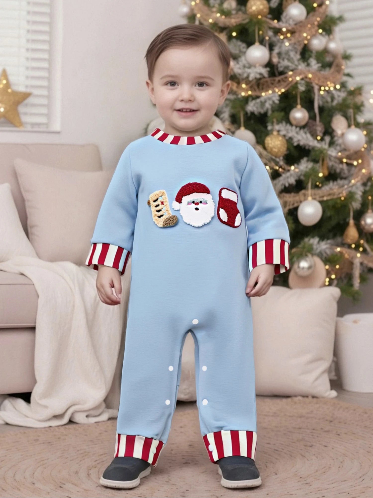 Lioraitiin Newborn Baby Boys Christmas Romper Santa Embroidery Striped Crew Neck Long Sleeve Full Length Jumpsuit