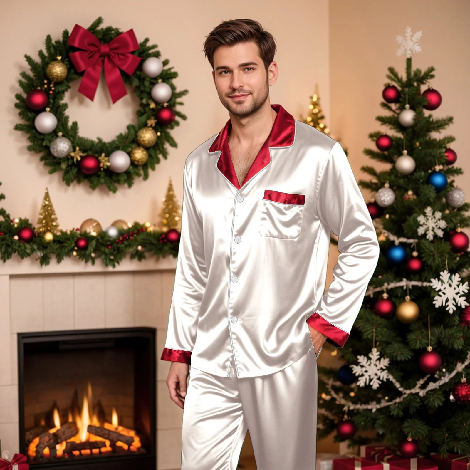 Silk Satin Christmas Family Pajamas Matching Sets Plus Size Lapel Long Sleeve Shirts And Pants Soft Silk Sleepwear Mom Dad Xmas