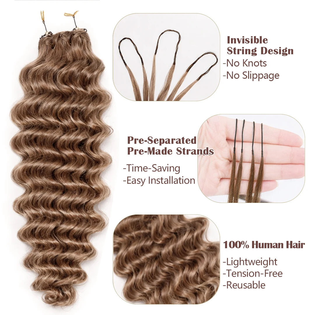 Deep Wave Crochet Hair Extensions Honey Blonde Color Knotless Pre-Separated Human Hair Deep Curly Feather Crochet Braid Hair