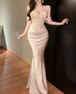 Women Chic satin Spliced mesh slash neck Sexy French Fashion Summer evening dress mermaid dress