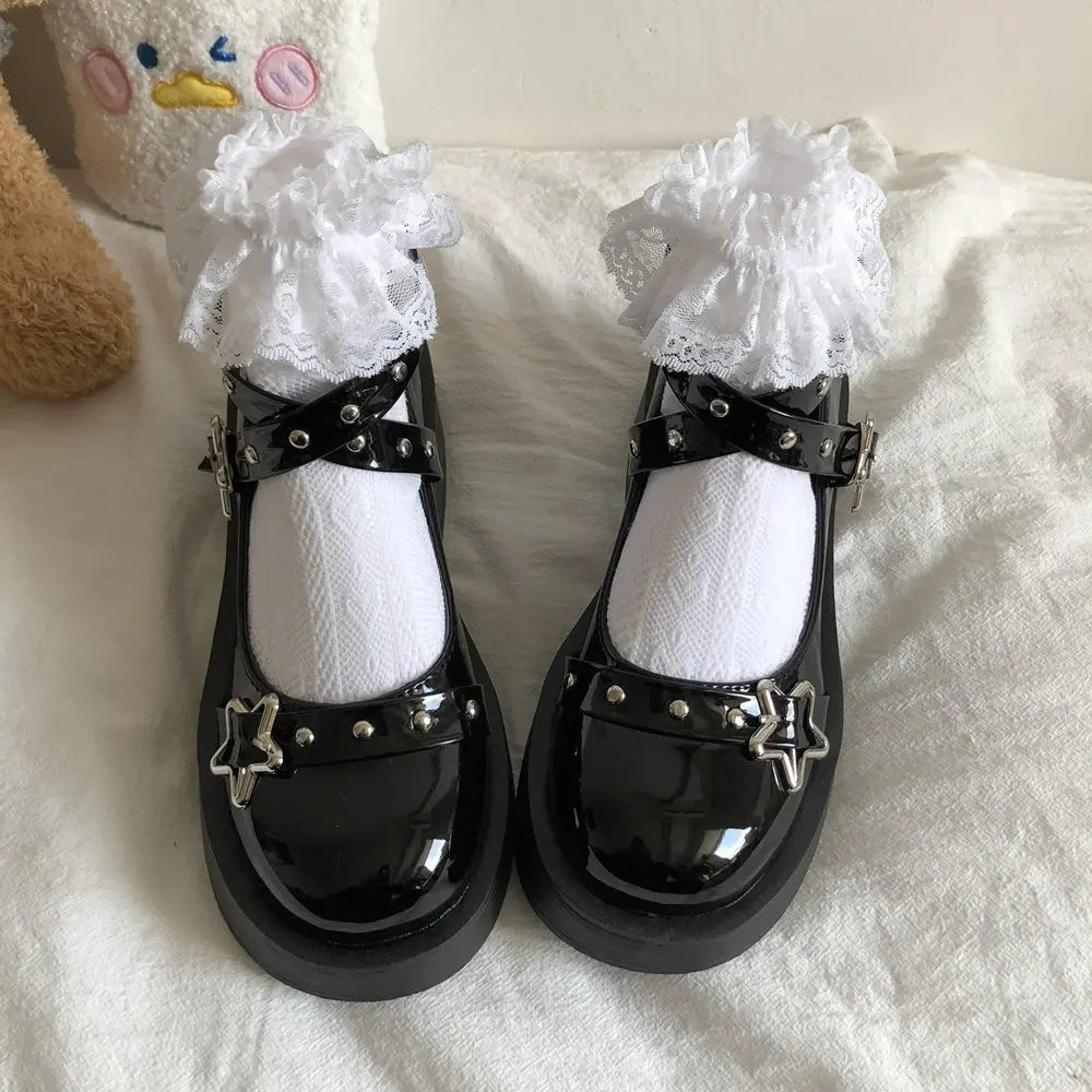 Women heels Lolita shoes platform mary jane Shoes Star Buckle Strap Mary Janes Women Cross-tied Girls Rivet Casual Shoes kawaii