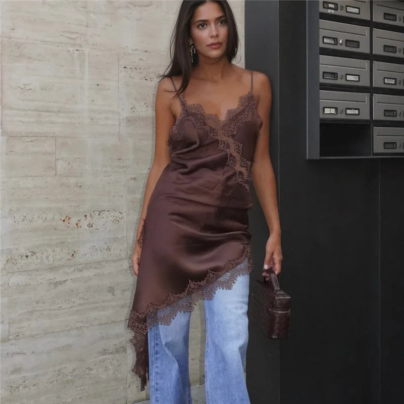 Women Satin Lace Trim Spaghetti Cami Tops Y2k Strap Side Split Asymmetrical Cami Top Dress Loose Silky V Neck Flowy Party Dress