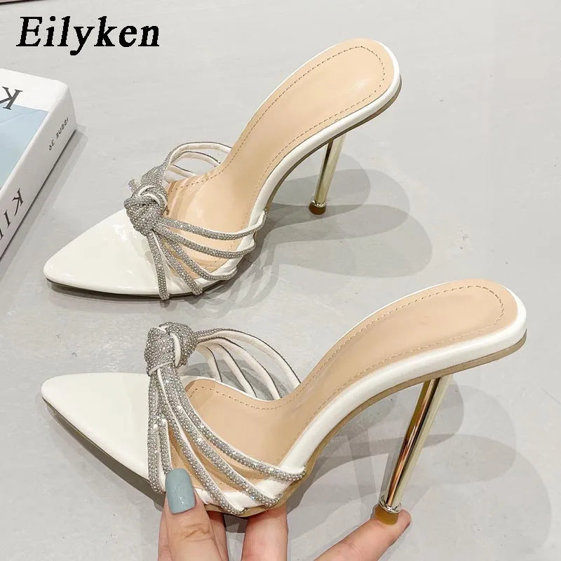 Eilyken Sexy High Heels Slipper Women Summer Fashion CRYSTAL Narrow Band Pointed Toe Slides Stripper Party Sandal Mule Shoes