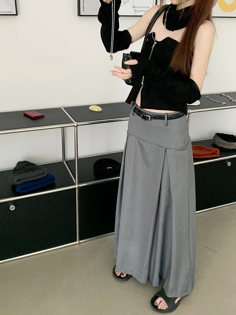 Qiukichonson Grey Midi Long Skirts Womens Trousers Skirt 2022 Autumn Winter Goth Lolita High Waist Asymmetrical Pleated Skirts