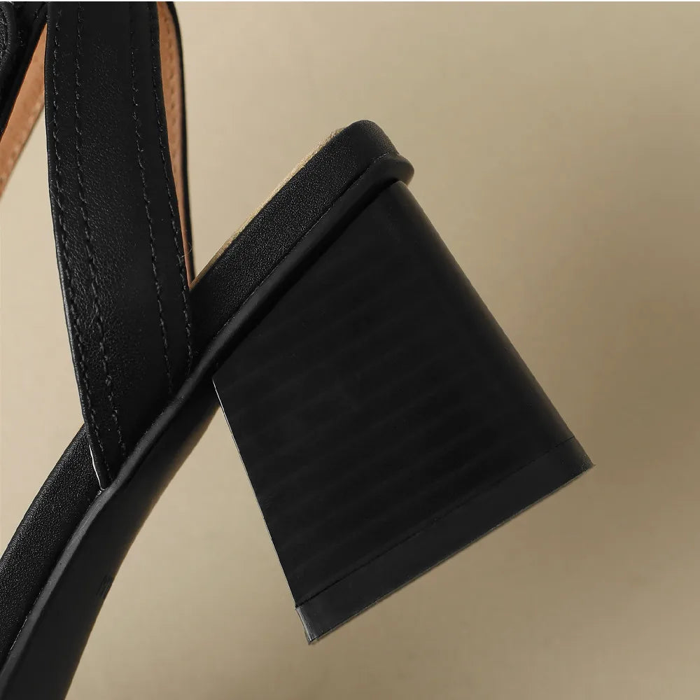 Women's genuine leather sandals narrow band ankle strap 6cm thick med heel open toe summer pumps heels casual shoes for women 42