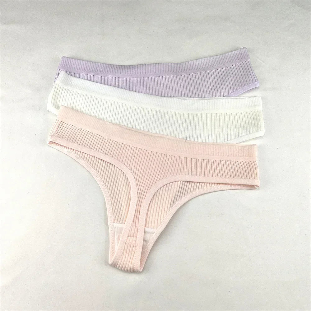 3Pcs/Set Women Thong G String Soft Ribbed Cotton Brazilian Panties Solid Color Low Rise Underwear Female Intimates Lingerie