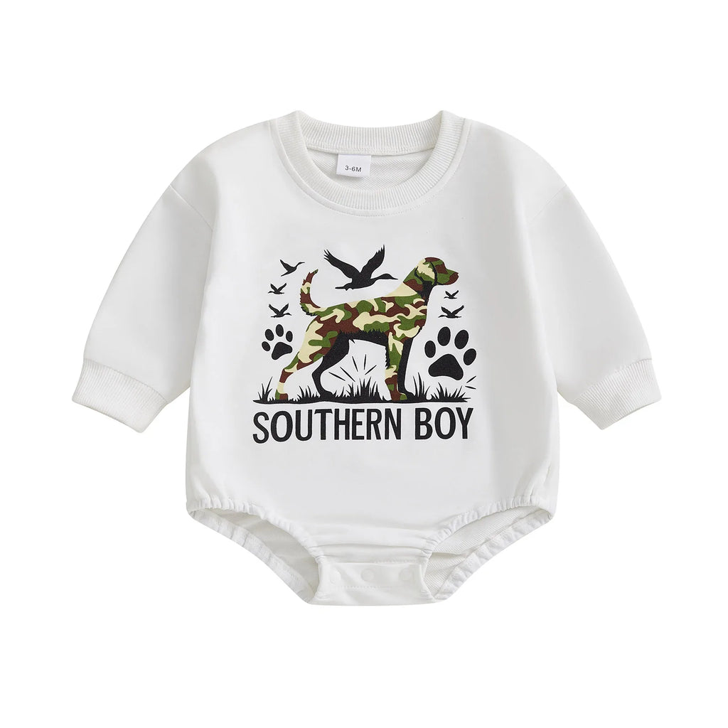 2025-05-05 Lioraitiin Newborn Baby Boy Romper Long Sleeve Round Neck Camo Dog Print Bodysuit Fall Playsuit