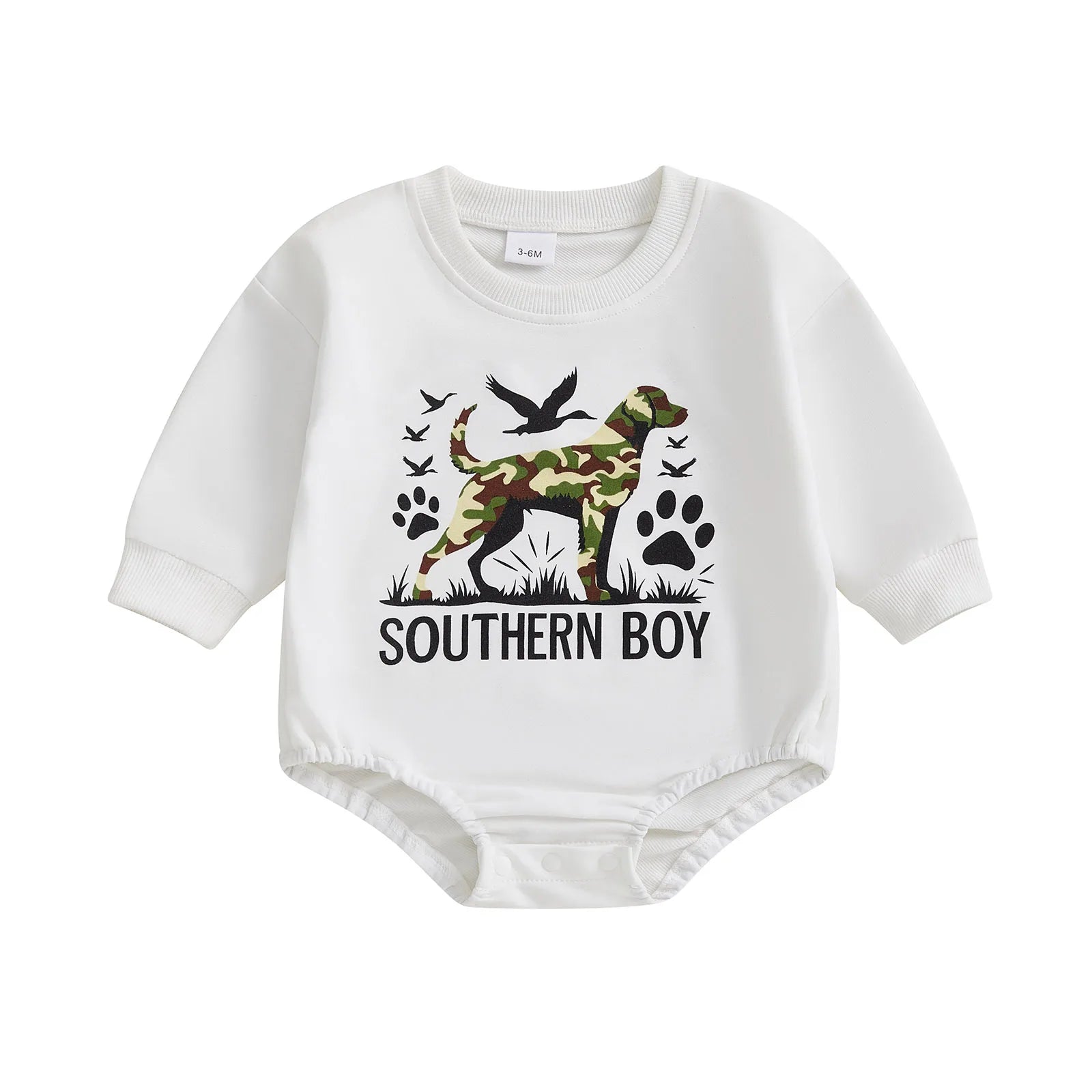 2025-05-05 Lioraitiin Newborn Baby Boy Romper Long Sleeve Round Neck Camo Dog Print Bodysuit Fall Playsuit