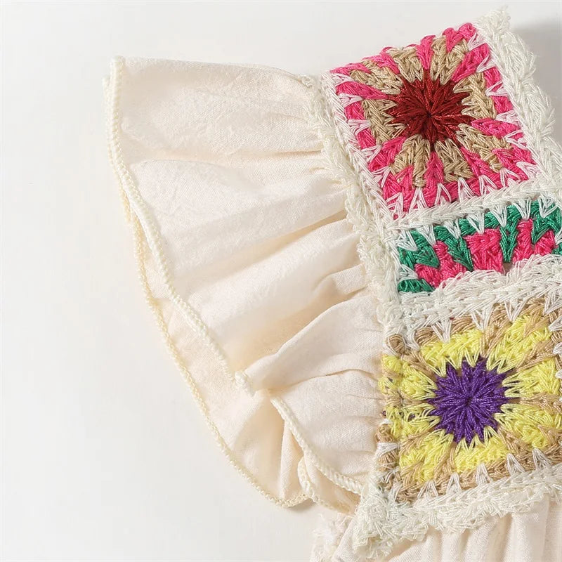 2025-02-07 Lioraitiin Newborn Baby Girl Summer Romper Fly Sleeve Square Neck Crochet Flower Bodysuit Playsuit