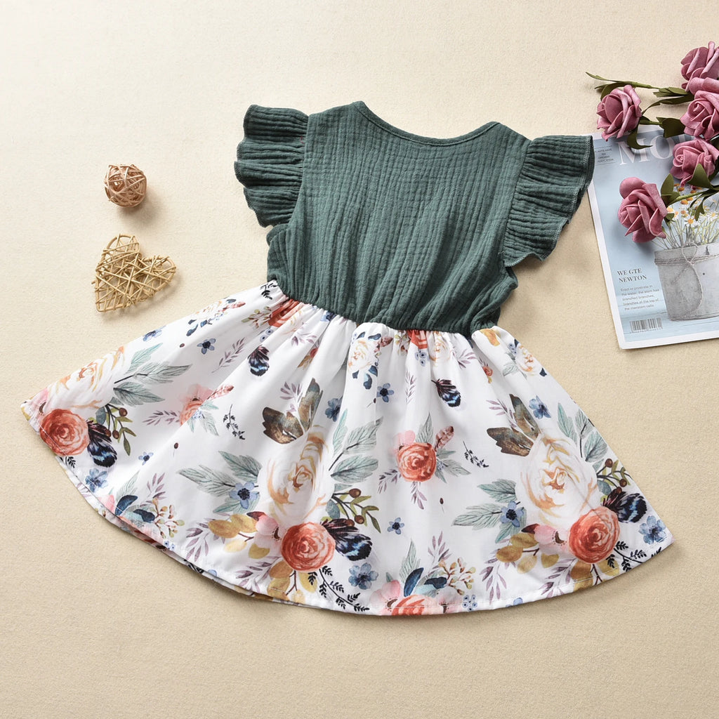 Citgeett Summer 1-5Years Baby Girls Dress Bowknot Flowers Print Ruffles Sleeve Knee Patchwork Length A-Line Dress