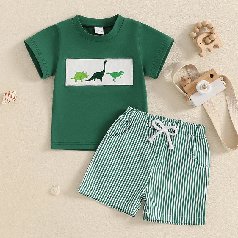 Lioraitiin Toddler Baby Boy Shorts Set Whale/Dinosaur/Turtle Short Sleeve T-shirts Striped Elastic Waist Shorts Summer Outfit
