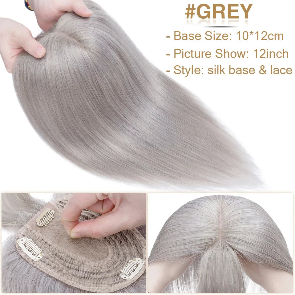S-noilite Natural Hair Topper Wig for Women 10x12cm with Silk Base 3.5x9cm Human Hair Piece with Bangs Hair Clip Included