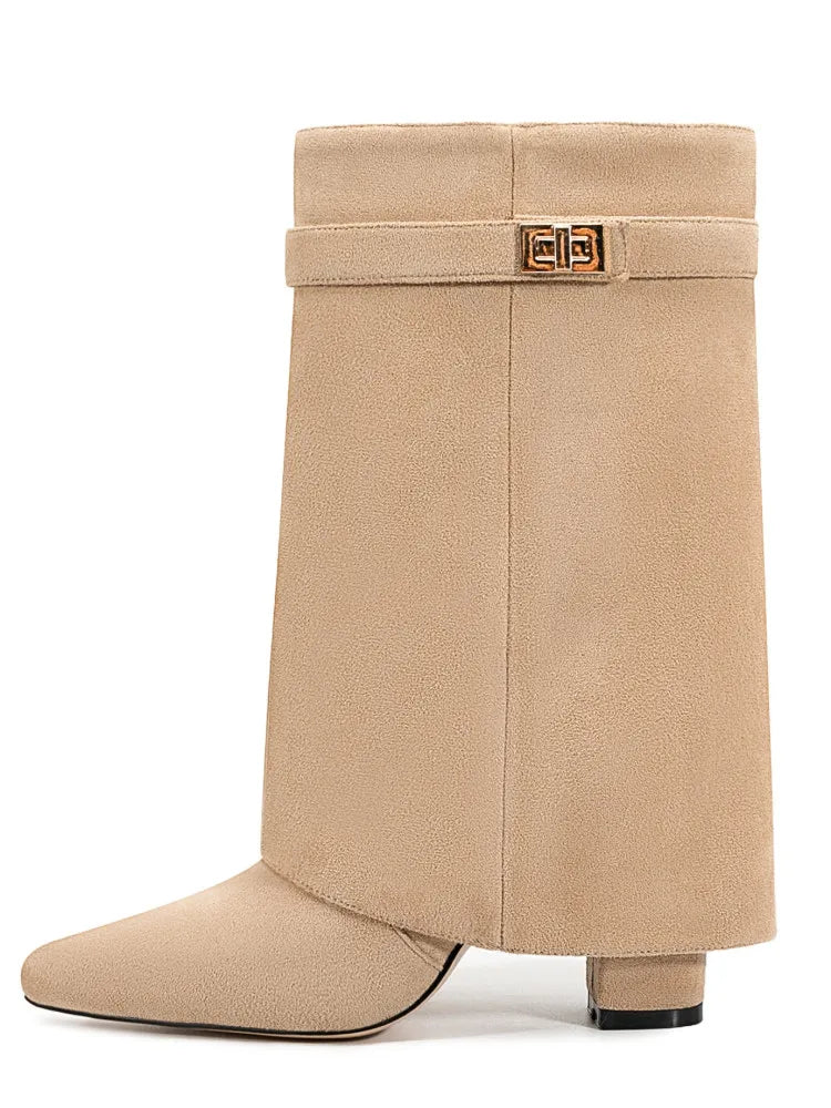 Ladies' Autumn and Winter New Pointed Knee High Women's Boots, Thick High-heeled Long Pants Boots, Fashionable Mid Rise Boots
