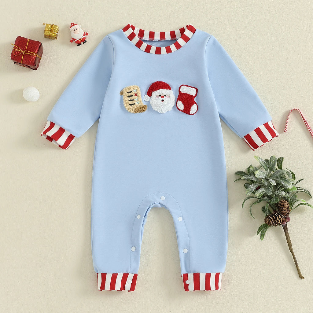 Lioraitiin Newborn Baby Boys Christmas Romper Santa Embroidery Striped Crew Neck Long Sleeve Full Length Jumpsuit
