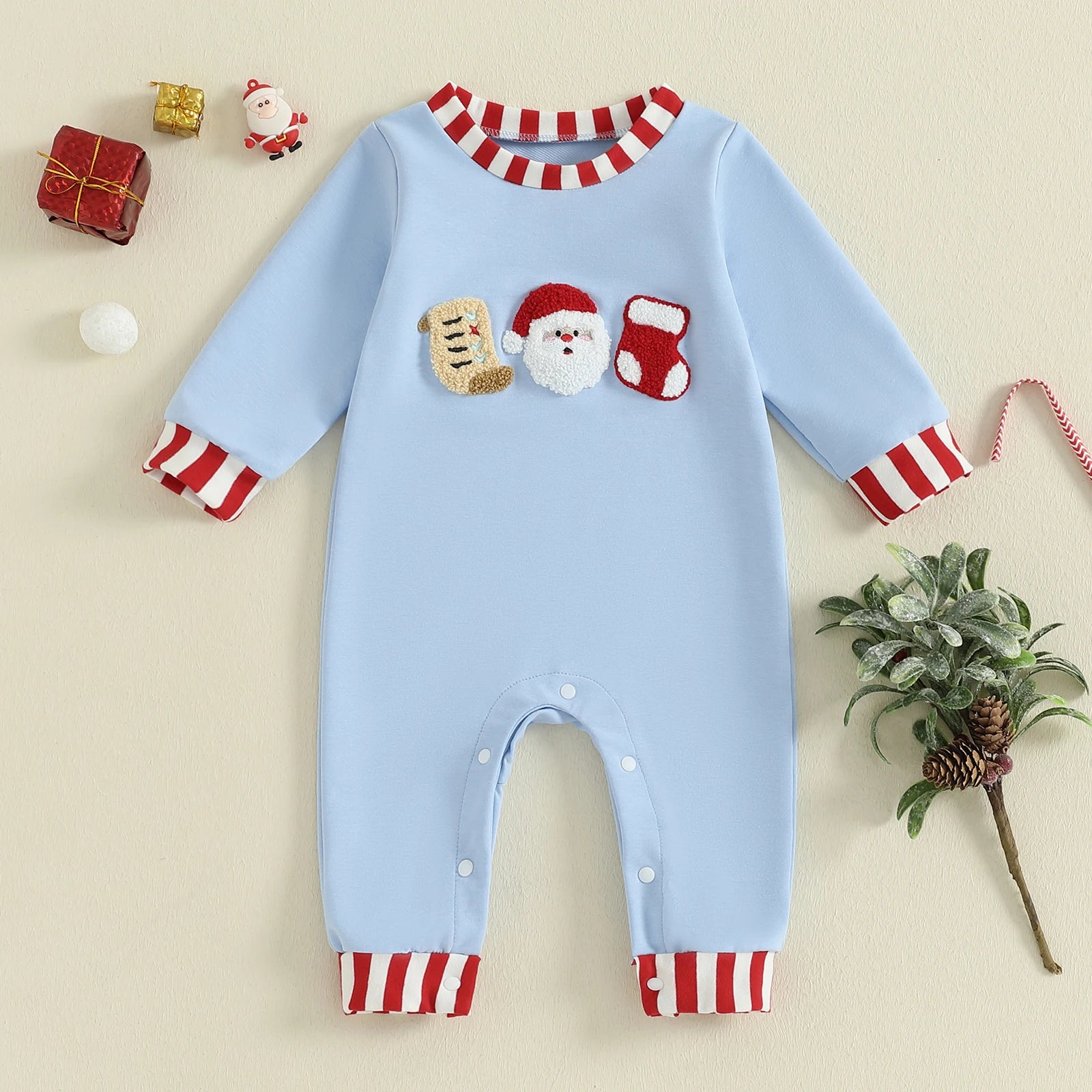Lioraitiin Newborn Baby Boys Christmas Romper Santa Embroidery Striped Crew Neck Long Sleeve Full Length Jumpsuit