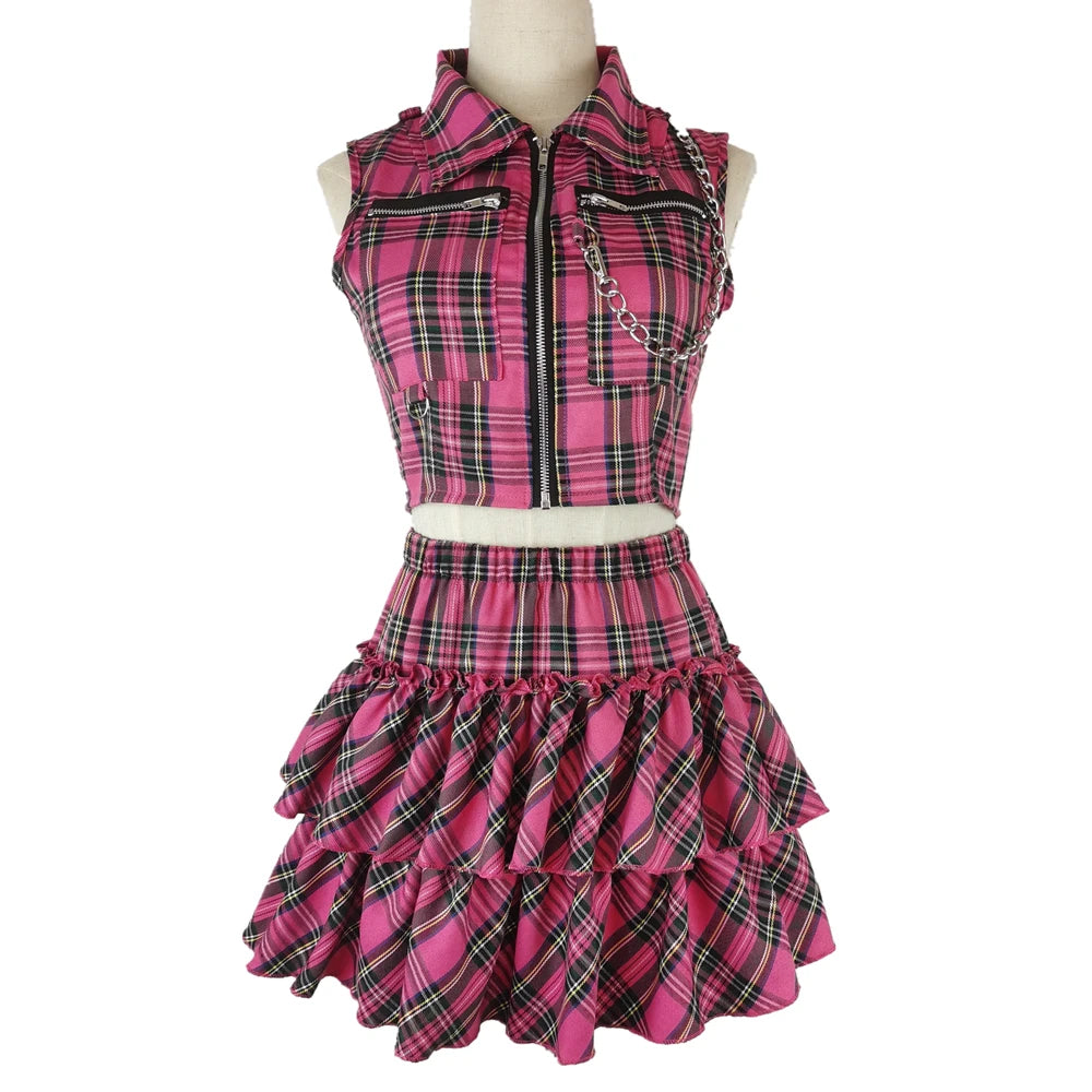 Women Pink Sexy Punk Gothic Zipper Sleeveless Suit Sweet Personality Chain Sleeveless Short T-shirt Streetwear Plaid Skirts