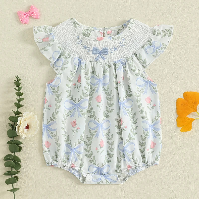 Adorable Baby Girls Jumpsuit Short Sleeve Round Neck Floral Print Toddler Romper for Playtime and Outings in Summer