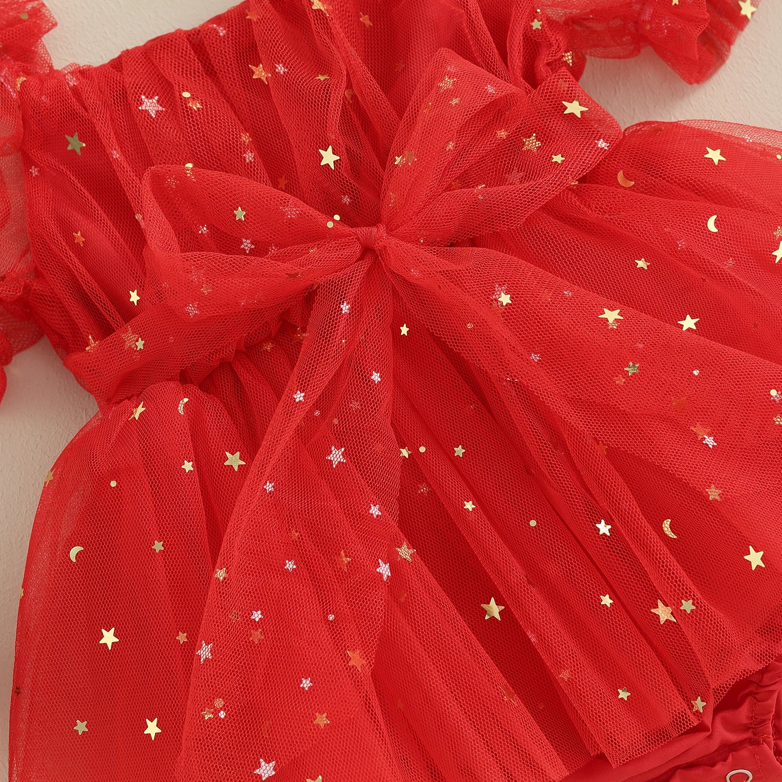 Citgeett Summer Christmas Infant Baby Girls Outfits Short Puff Sleeve Bodysuit Tulle Dress + Headband Set Red Xmas Clothes