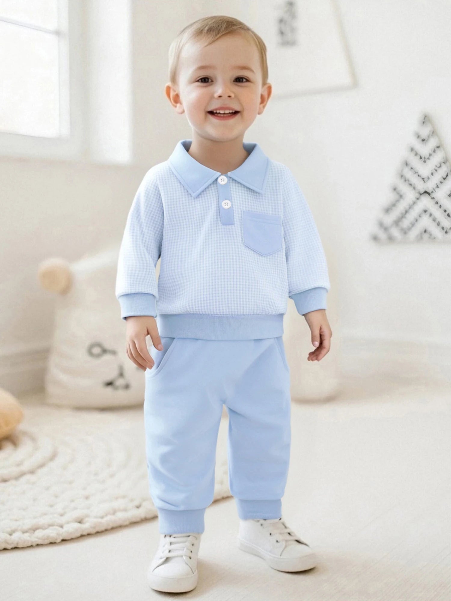 2025-06-03 Lioraitiin Toddler Baby Boys Fall Set Plaid Long Sleeve Lapel Tops and Solid Color Bow Pants with Pocket 2Pcs Outfits