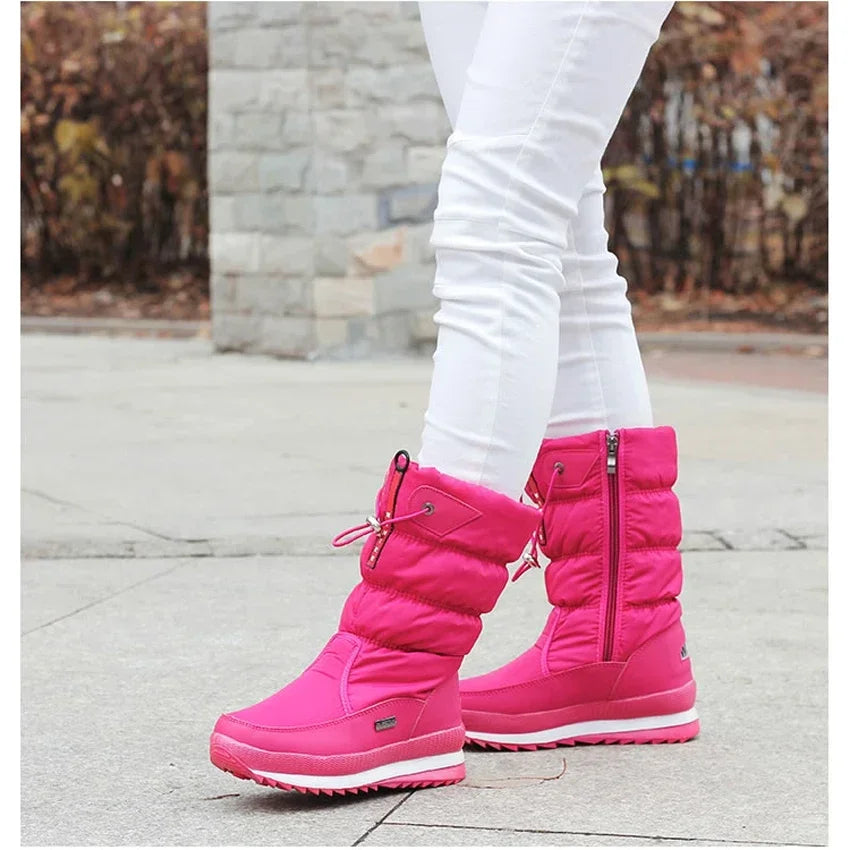 White Women Boots Winter Shoes Warm Plush Mid-calf Boots Waterproof Rubber Non-slip Platform Snow Boots Female Plus Size 42