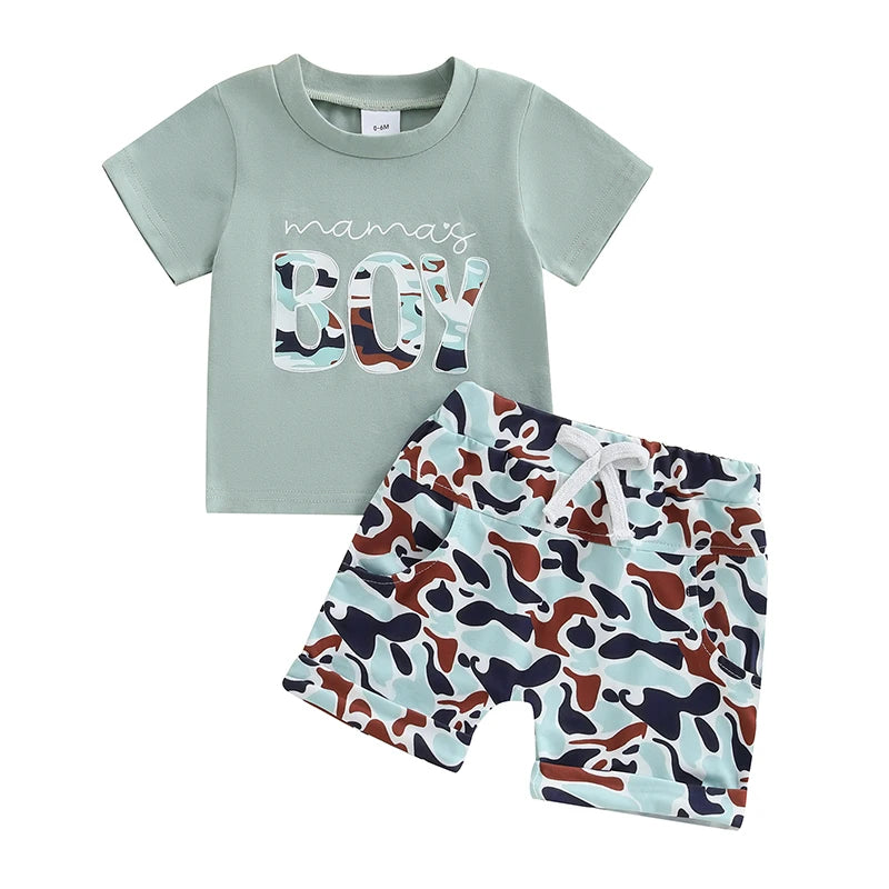 2025-01-13 Lioraitiin Toddler Boys Summer Shorts Sets Short Sleeve O Neck Letter Print Tops and Camouflage Shorts Sets