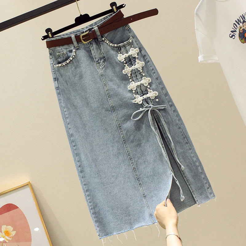OCEANLOVE Chinese Style Button Denim Skirts for Women Spring Autumn Elegant Vintage Faldas Mujer Fashion Solid  Skirt