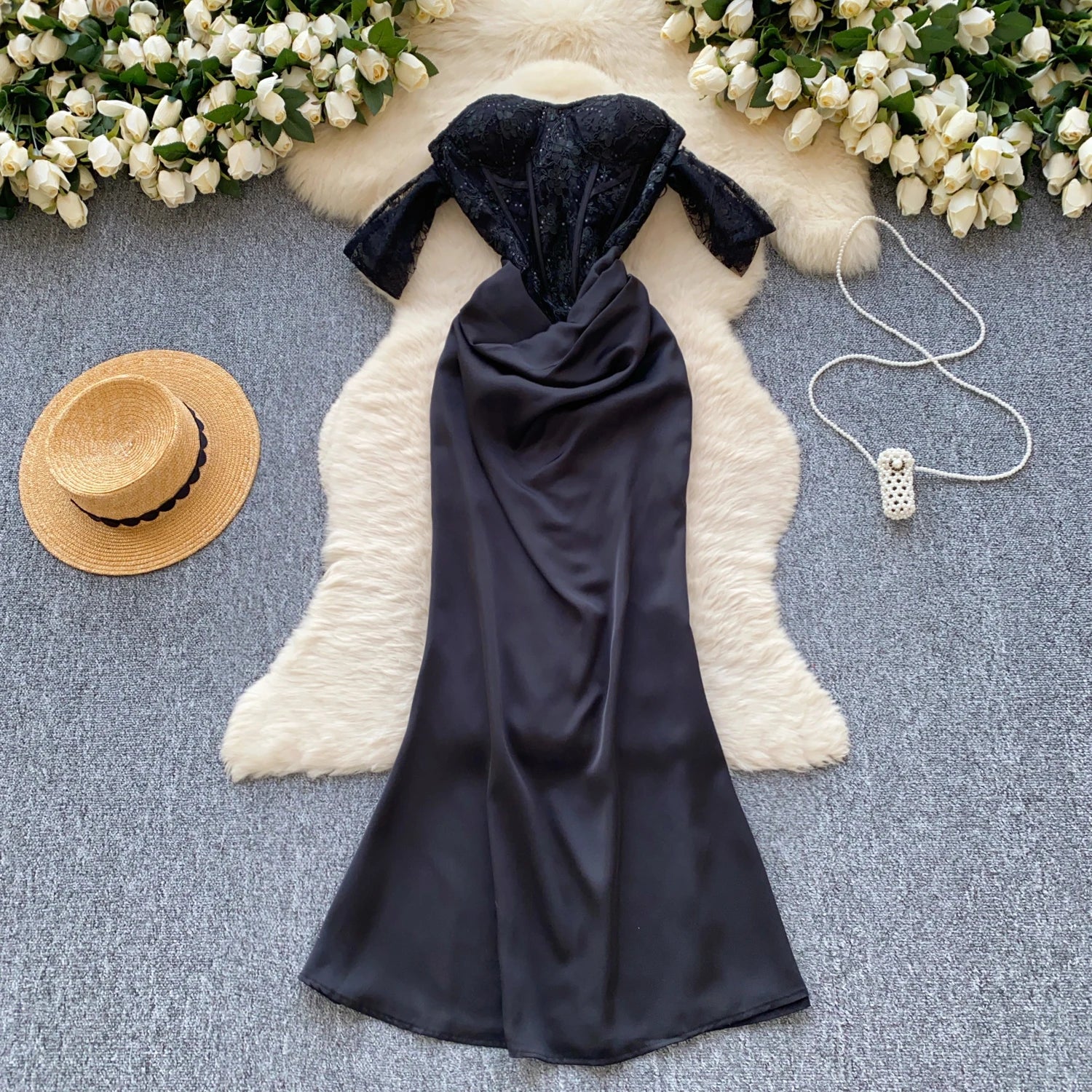 Women Chic satin Spliced mesh slash neck Sexy French Fashion Summer evening dress mermaid dress