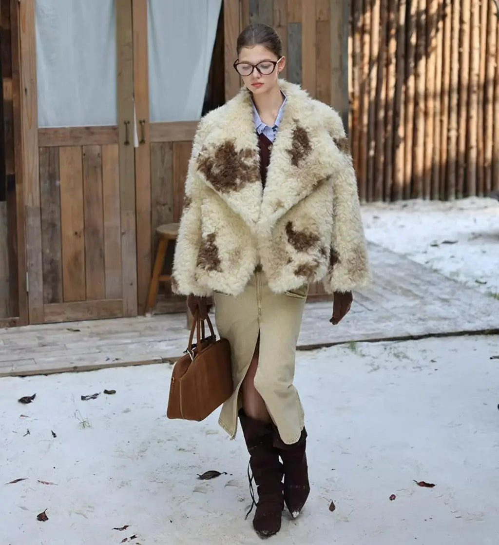 HIGH QUALITY Winter Large Lapel Curly Lamb Fur Coat Long sleeve Warm Shaggy Tie dye Gradient Faux Fur Jacket Loose Outerwear