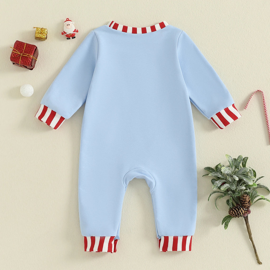 Lioraitiin Newborn Baby Boys Christmas Romper Santa Embroidery Striped Crew Neck Long Sleeve Full Length Jumpsuit