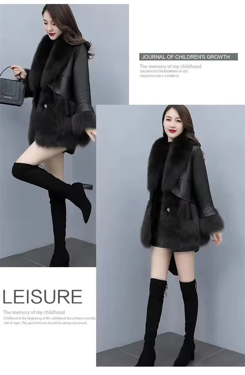 2025 Women Mid-Long Style Faux Fur Jacket Winter Female Pu Leather Splicing Fur Outwear Ladies Long Sleeve Thicken Warm Fur Coat