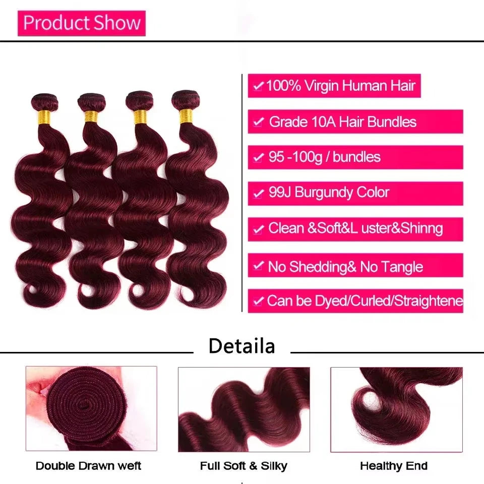 99j Burgundy 16A Body Wave Bundles Human Hair Brazilian100% Unprocessed 30 36Inch Virgin Weave Raw Hair Bundles Extensions Deals