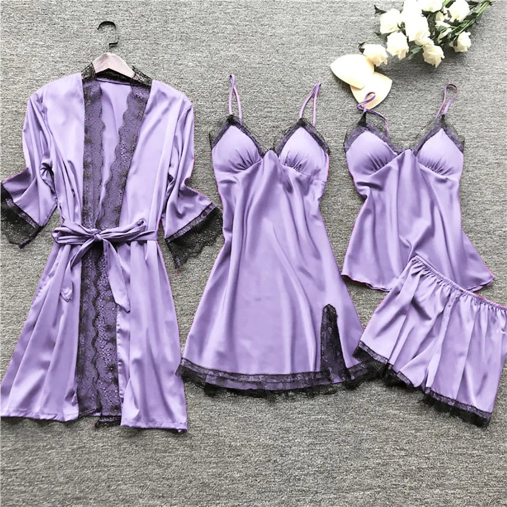 Large Size 4 Piece Women Pajama Sets Sexy Lace Embroidery Robe With Nightdress Outfits Loungewear Satin Silky Pyjama Sets