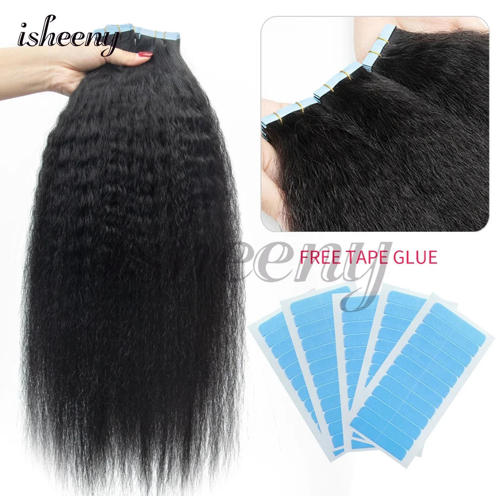 Kinky Straight Invisible Tape In Human Hair Extensions 12"-20" Natural Black Real Remy Tape Ins Hair Easy To Wea For Woman
