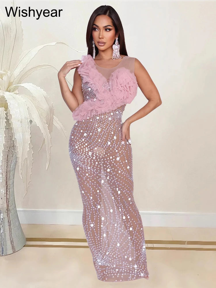 New Elegant Sheer Mesh Rhinestone Patchwork Pink Long Dress Women Sexy See Though 3D Flower Sleeveless Birthday Party Vestidos