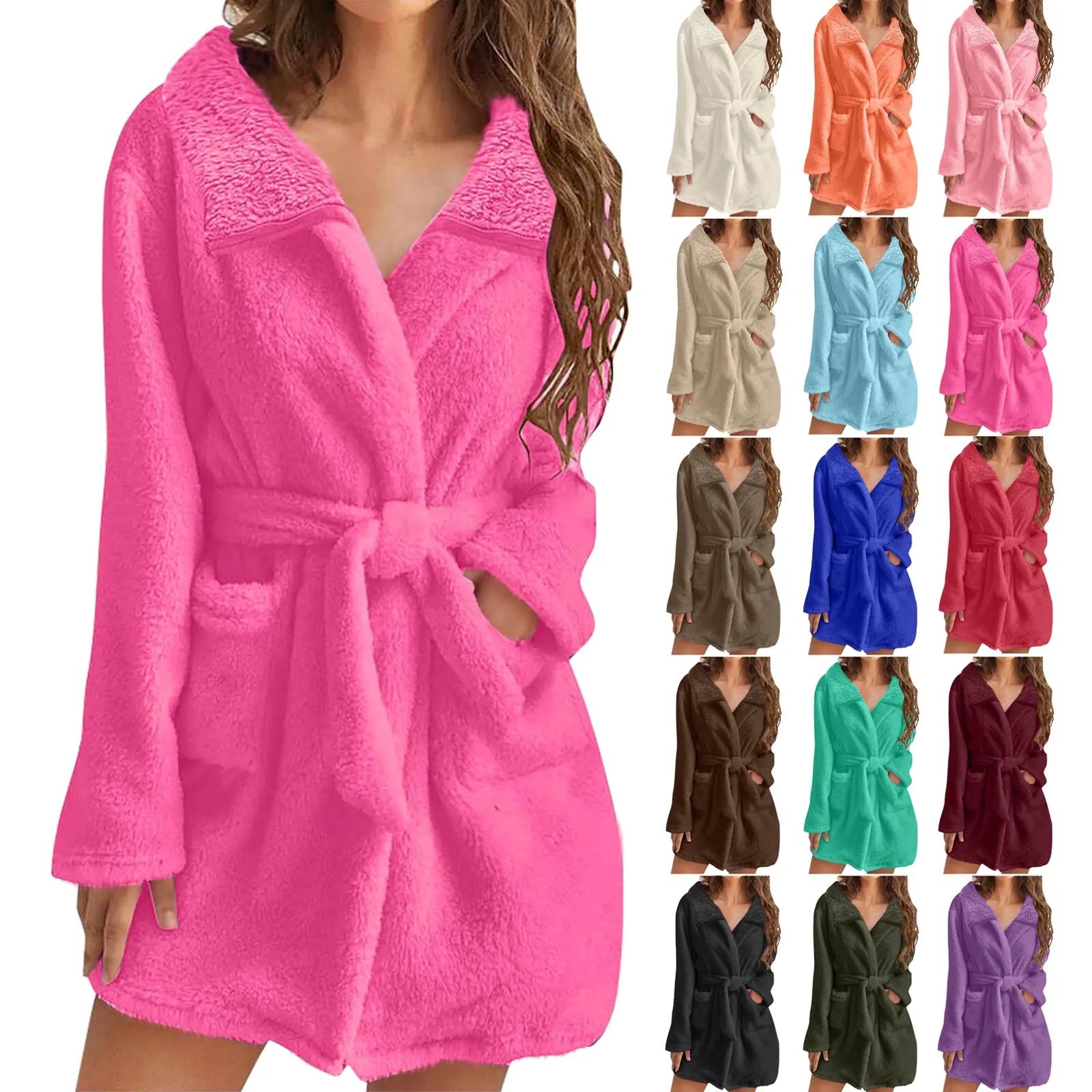 Women Warm Plush Hooded Bathrobe Wainter Plush Lapel Robe With Pockets Female Pajamas Robe Long Home Clothes Lingeries For Woman