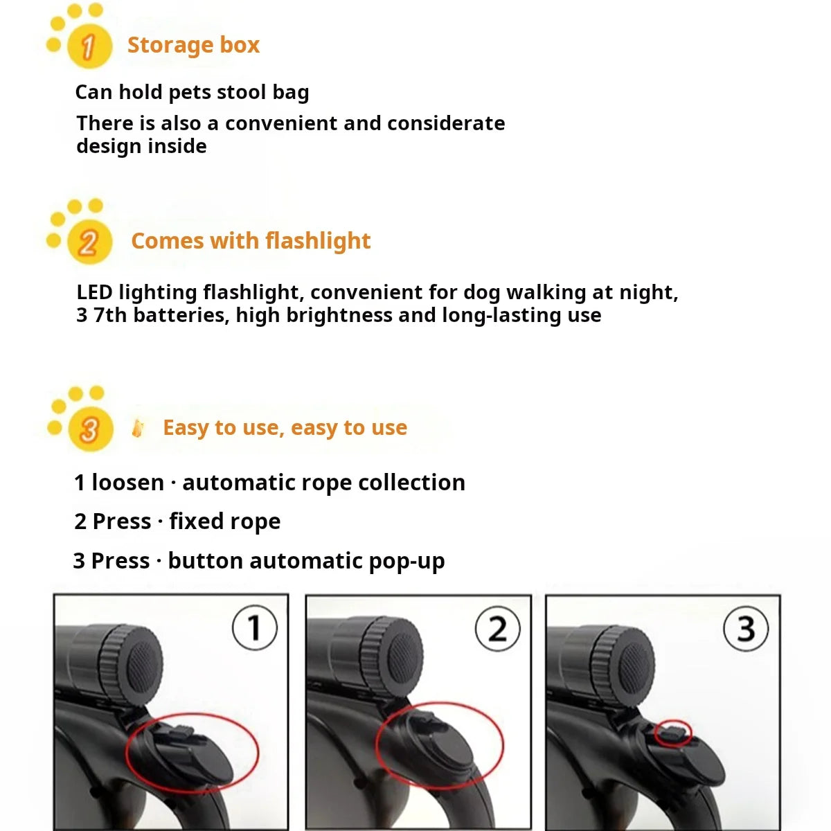Pet Rope Bright LED Light 5M Retractable Dog Leash System Includes Built-in Poop Bag Dispenser Make Night Walks Cafer and Easier
