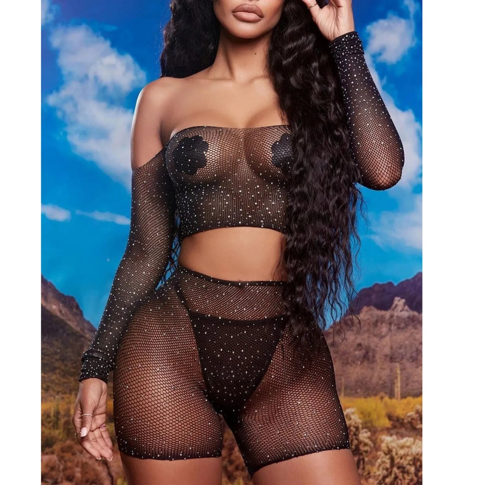Sheer Rhinestone Sexy Mesh Lingerie Set For Fine Women Outfit Lace Transparent Tops Shorts Crotch Fishnet Lingerie Set