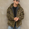 Autumn and Winter Warm Plush Leopard Print Jacket Imitation Fur Zipper Hooded Jacket for Men