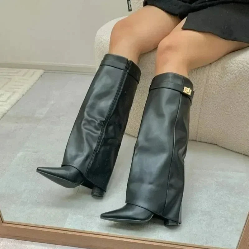 Ladies' Autumn and Winter New Pointed Knee High Women's Boots, Thick High-heeled Long Pants Boots, Fashionable Mid Rise Boots
