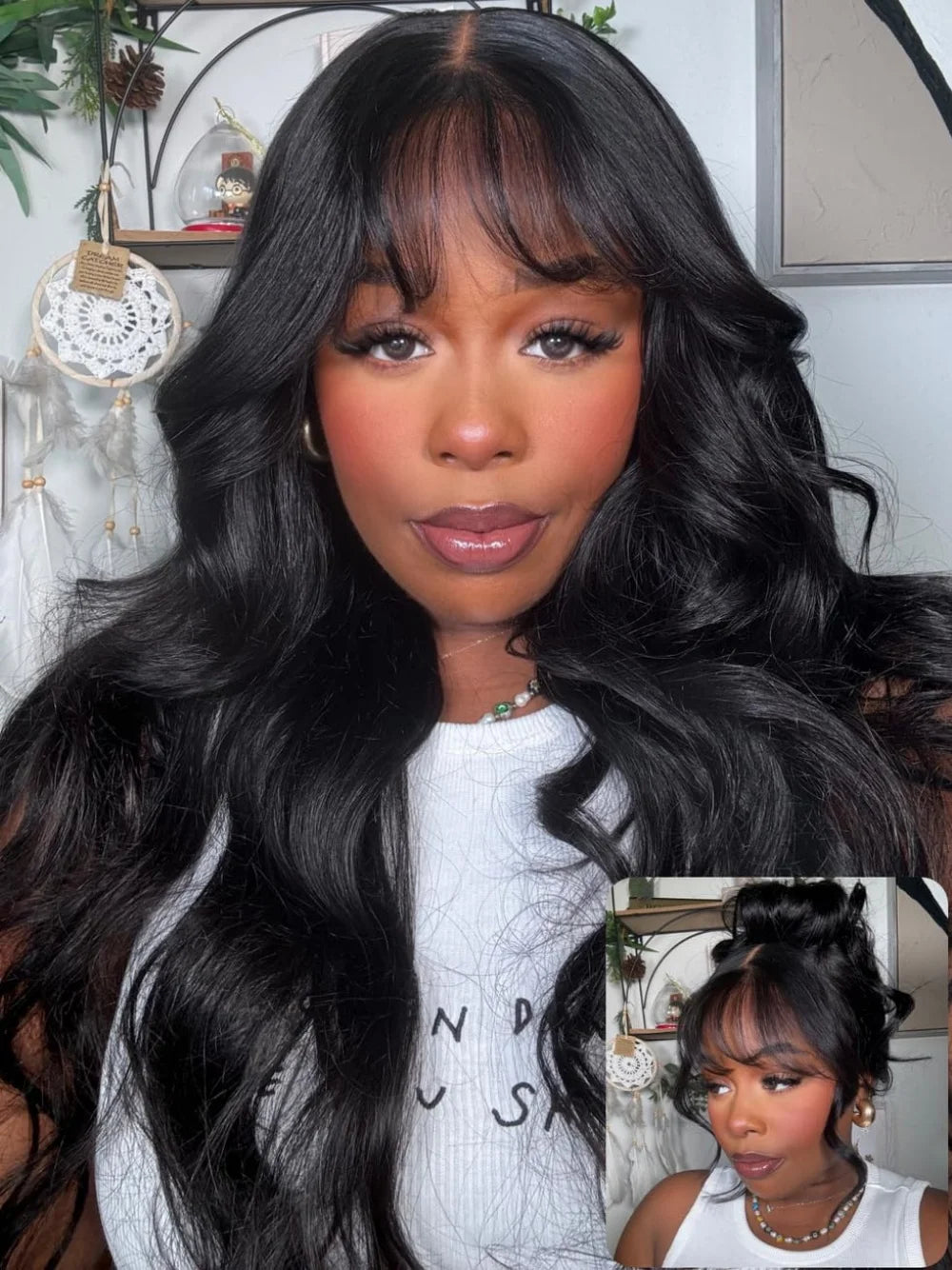 Body Wave Human Hair Wig with Bangs Middle Part 3x1 Lace Frontal Wig with Bangs Brazilian Human Hair Body Wave 34 Inch for Women