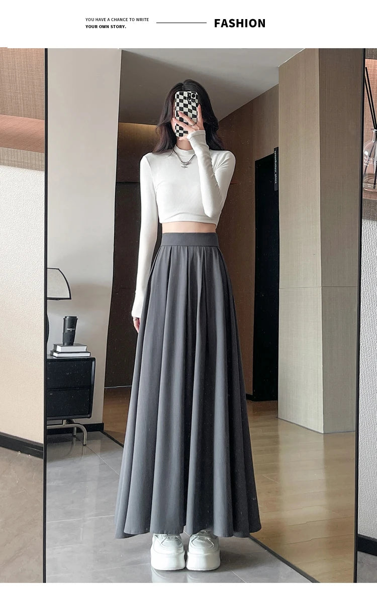 Beiyingni Women Long Suit Maxi Pleated Black Skirts Korean Fashion 2024 Autumn High Waist Slim A-line Skirt Ladies Gray Faldas