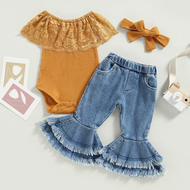 2023-01-07 Lioraitiin 0-24M Infant Baby Girls 3Pcs Summer Pants Set Sleeveless Lace Patchwork Romper with Tasseled Flare Pants