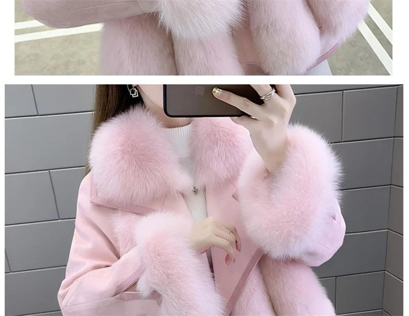 2025 Women Mid-Long Style Faux Fur Jacket Winter Female Pu Leather Splicing Fur Outwear Ladies Long Sleeve Thicken Warm Fur Coat