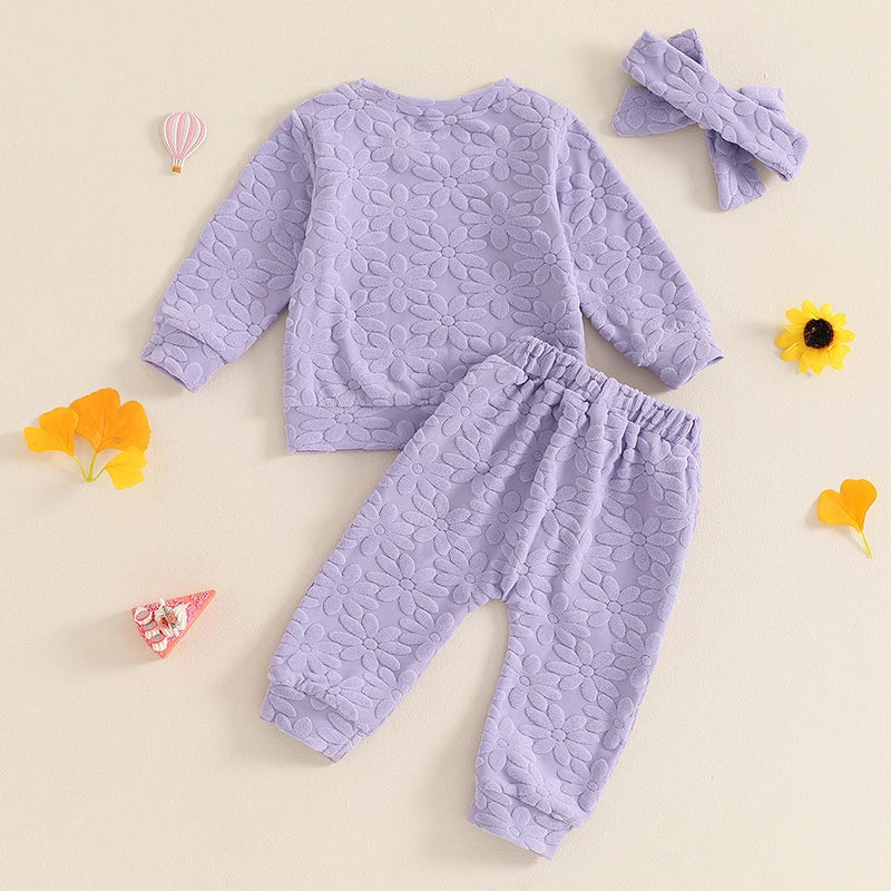 2024-05-22 Lioraitiin Toddler Girl Fall Outfit Daisy Embroidery Long Sleeve Sweatshirt with Elastic Waist Pants Headband Set