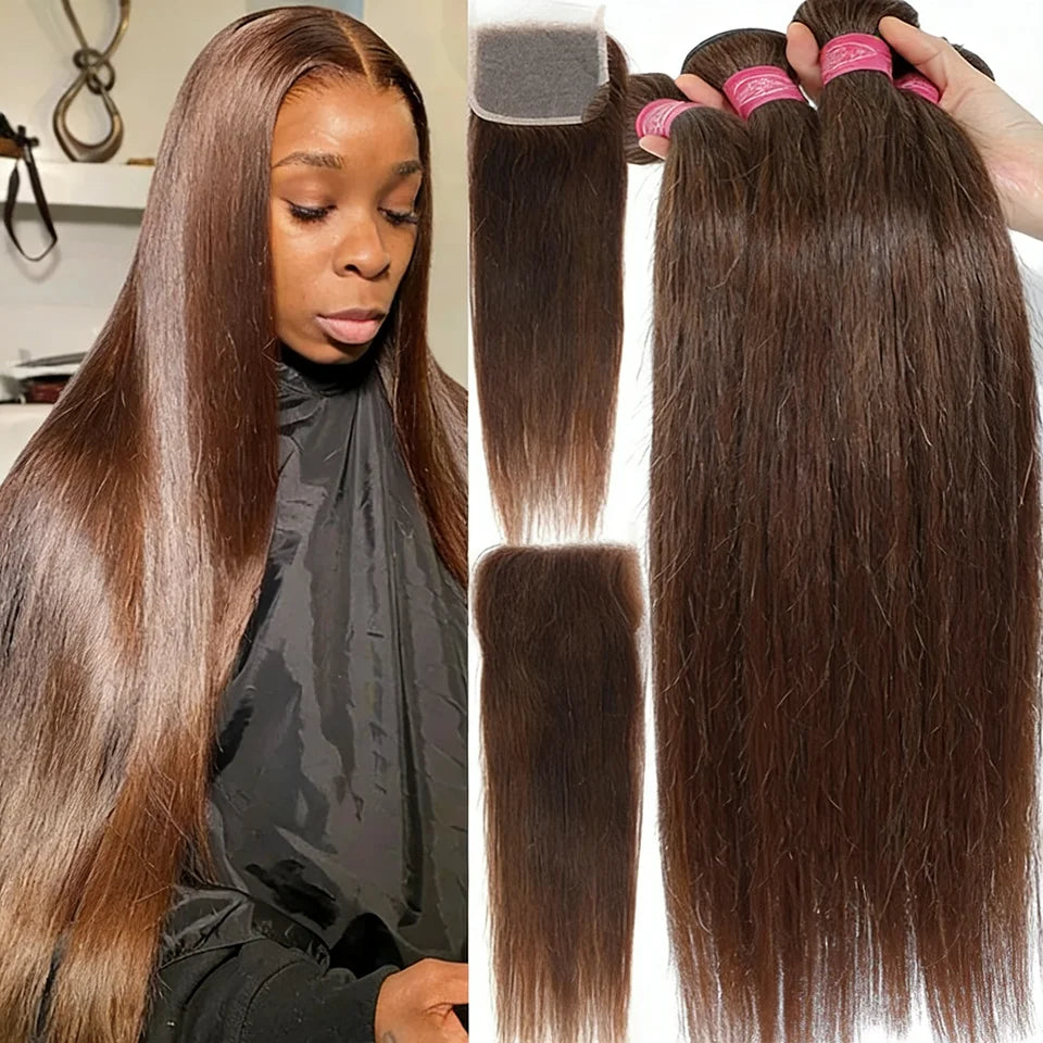 Straight #4 Chocolate Brown Raw Virgin Human Hair Weave Bundles 1/3/4Pcs Indian Bone Straight Extension For Women Sale Clearance