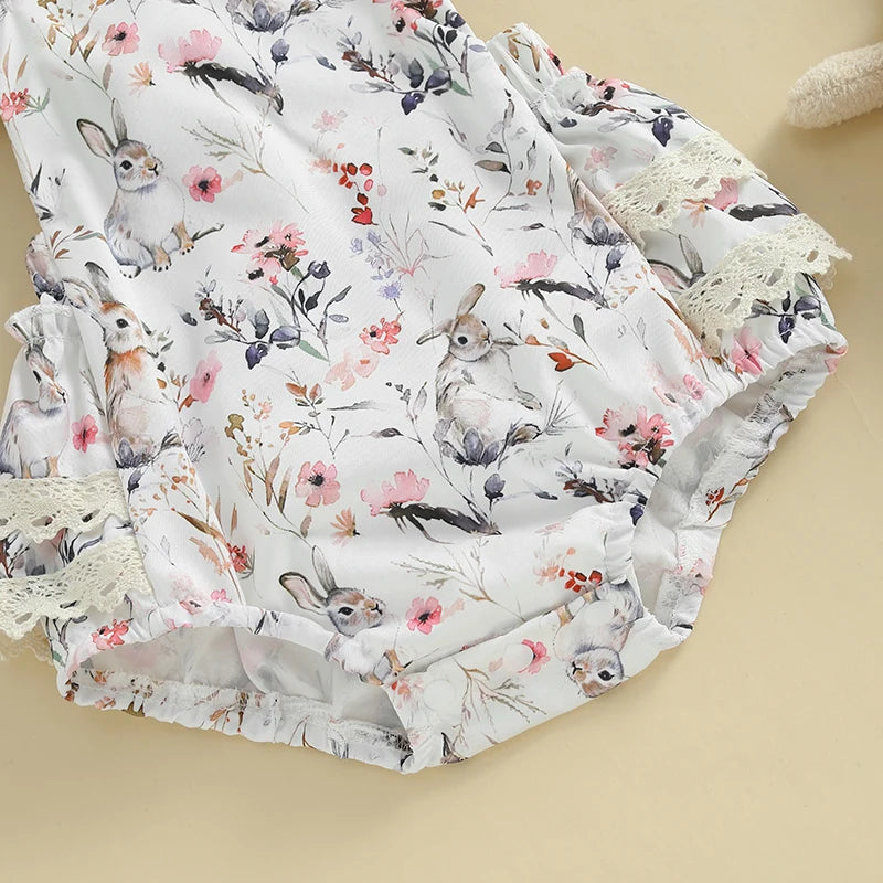 2025-01-02 Lioraitiin Baby Girls Easter Outfits Flower Bunny Print Lace Trim Flying Sleeve Spring Romper with Bow Headband Set