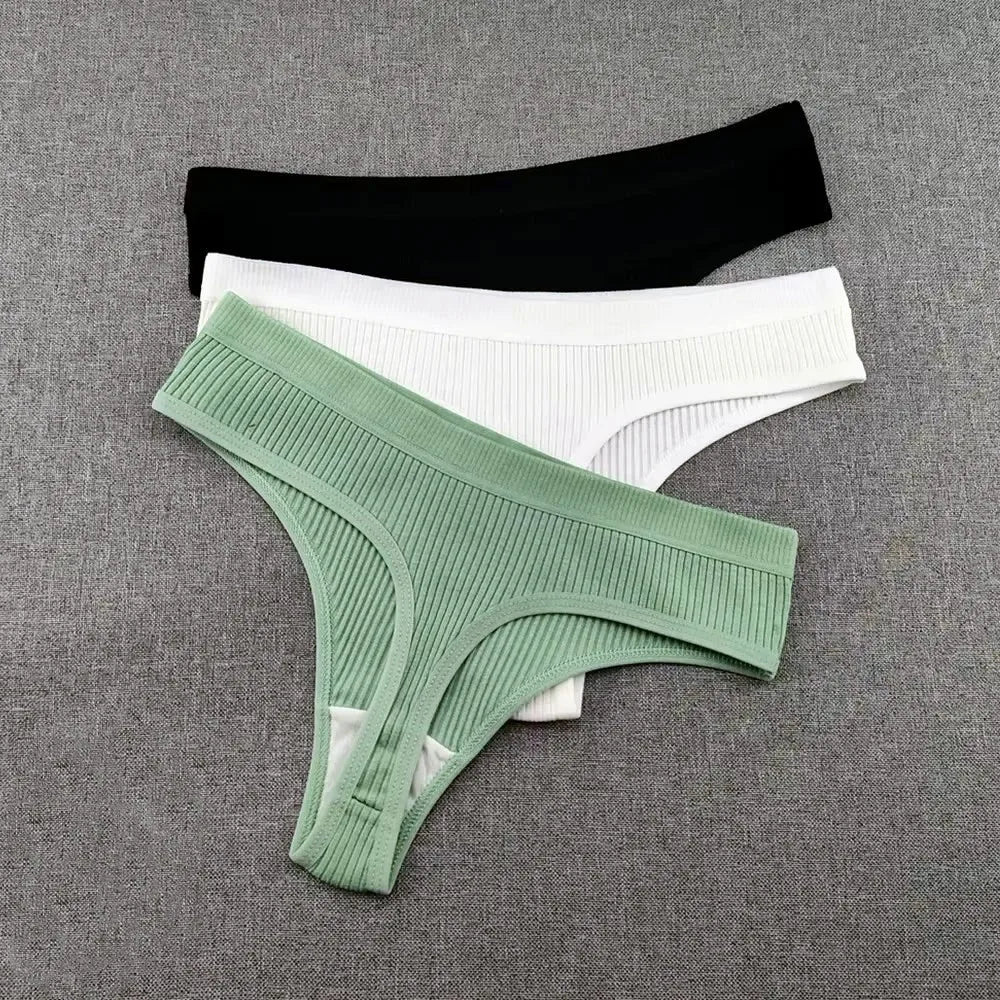 3Pcs/Set Women Thong G String Soft Ribbed Cotton Brazilian Panties Solid Color Low Rise Underwear Female Intimates Lingerie